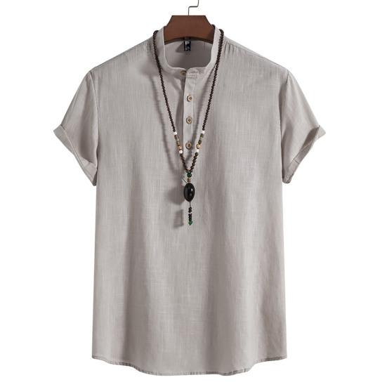 Muži Košile Stojánek Límec Knoflíky Výstřih Jednobarevné Krátké rukávy Pulovr Běžné nošení Bavlna Povlečení Pánské topy Letní móda Tričko Oblečení do práce
