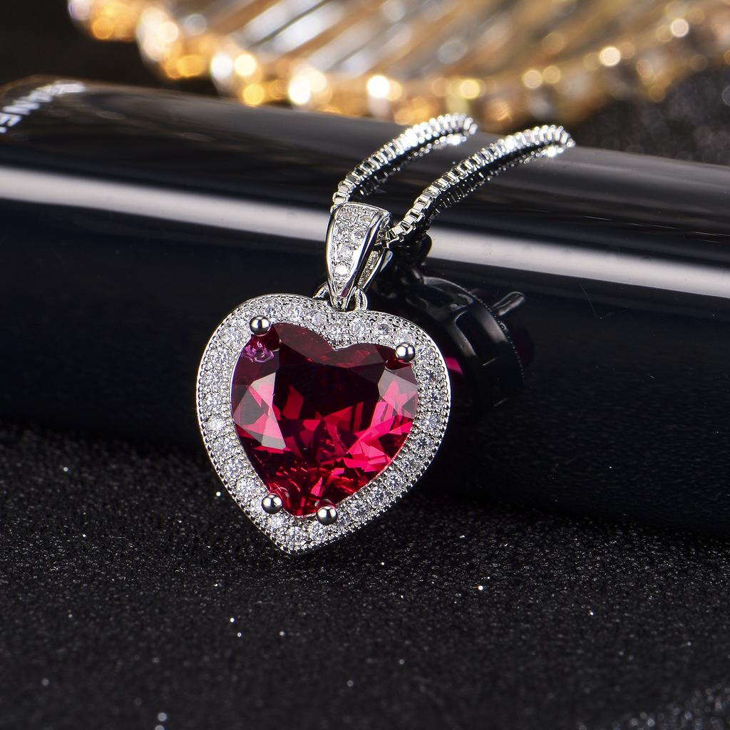 New exaggerated European and American heart-shaped simulated ruby tourmaline encrusted zircon love pendant women's fashion necklace