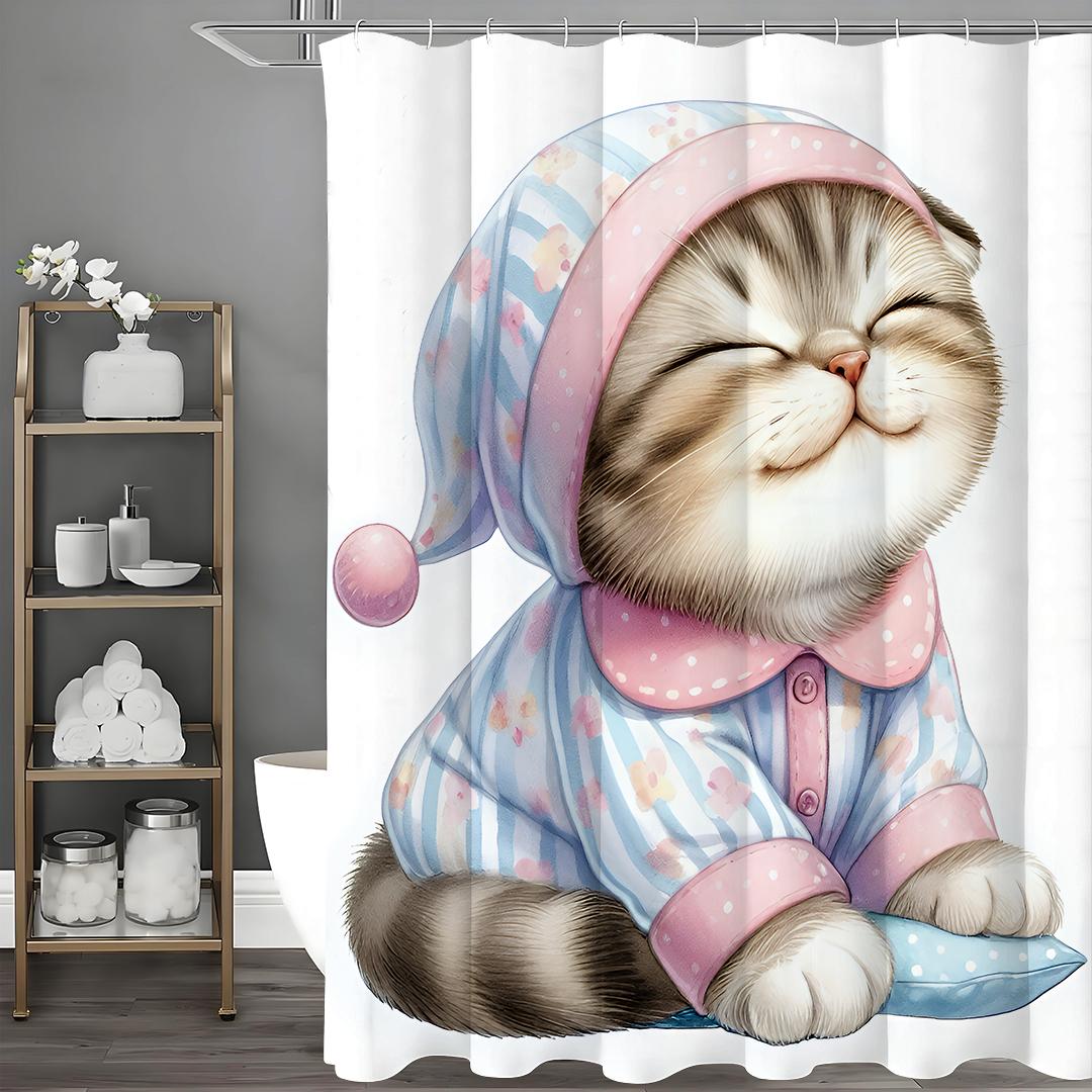 

Милый кот в пижаме, сидящий на мягкой подушке Занавеска для душа, Декоративная занавеска для душа для ванной комнаты, Водонепроницаемая занавеска для душа с H 90*180cm
