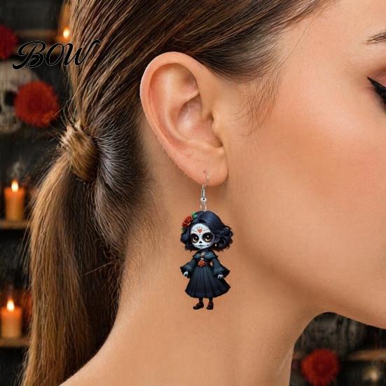 Day of The Dead Earrings Halloween Witch Earrings, Gothic Drop Lightweight Acrylic Pendant Anti-rust Alloy for Women Girls Accessories
