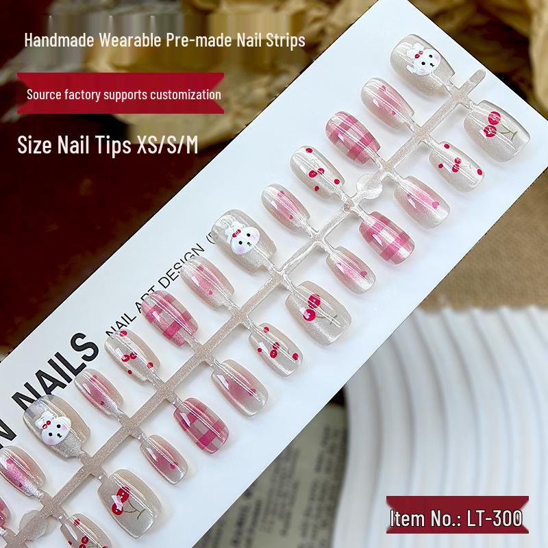 TEMU Trendy Press-On Nails: Girly Heart, Rabbit, Cherry, Cat Eye Design - 30 Detachable Wearable Nails