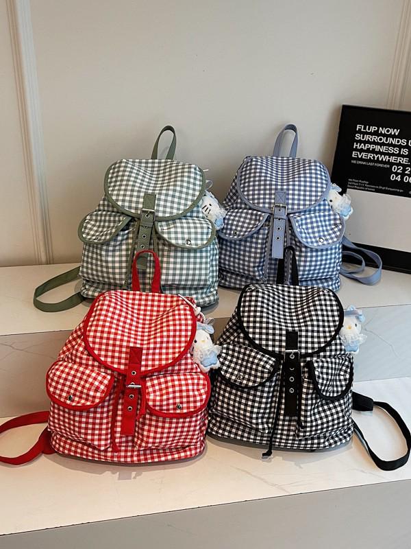 Karrierter Kordelzug-Rucksack 2025: Leichte Umhängetasche mit großer Kapazität für Mädchen und Studierende