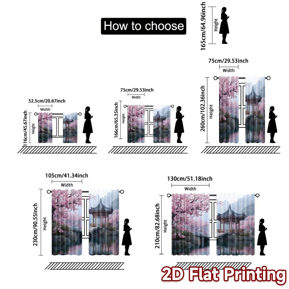 2pcs, 2D FLAT PRINTING Curtains (Without Rod) Cherry Pavilion Chic Pattern Curtains Versatile Polyester Curtains Outdoor
