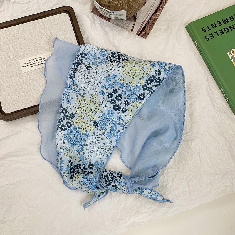 Triangle scarf, headscarf, summer women's pastoral new double-layer breathable floral small silk scarf, headband, tied hair streamer