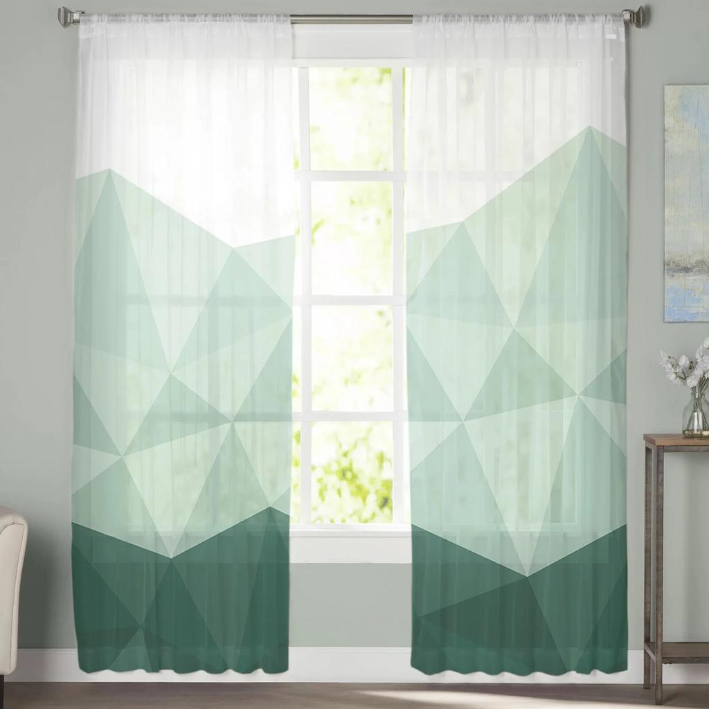 Geometric Green Gradient Triangle Tulle Curtains for Living Room Kitchen Bedroom Sheer Tulle for Cafe Hotel Modern Home Decor