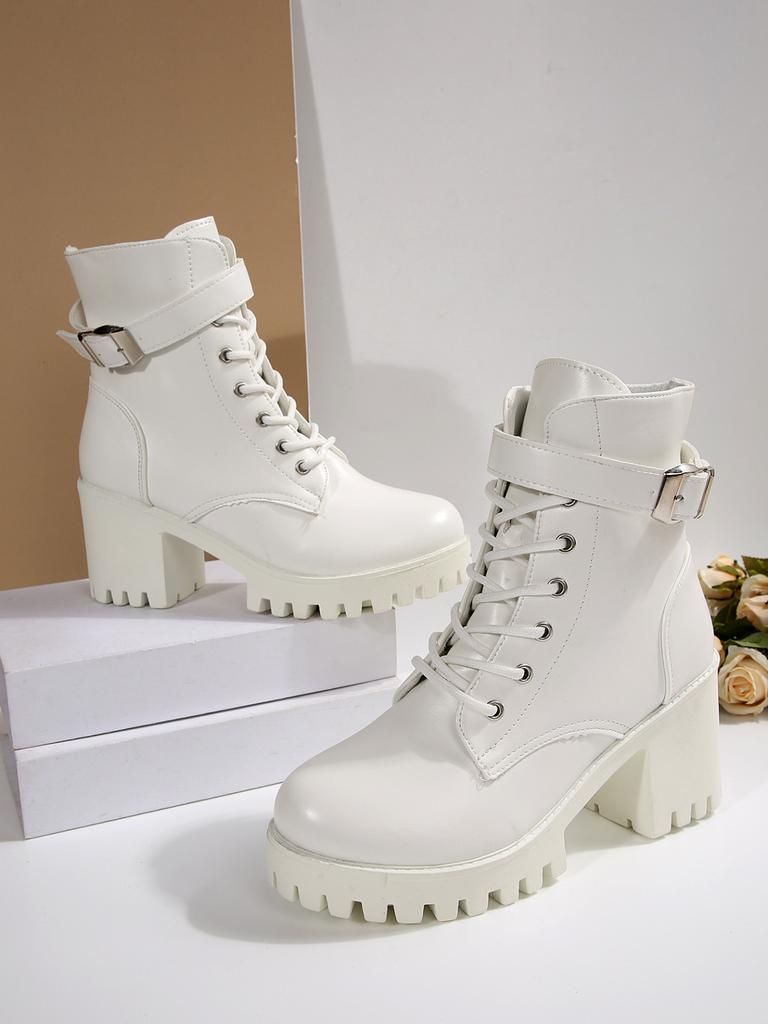 2025 autumn and winter new short boots belt buckle platform lace-up Martin boots women's British style thick heel boots women's shoes