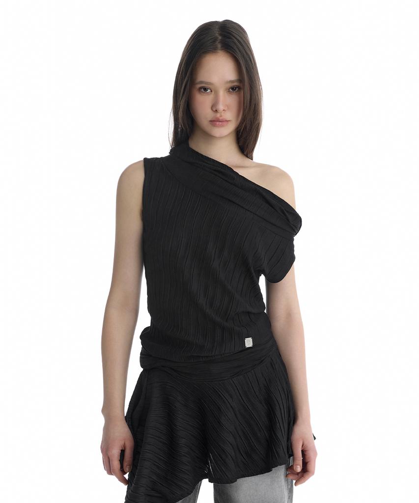 Teulimingbeodeu Crinkle Draped Hooded Sleeveless Dress [ Black ]