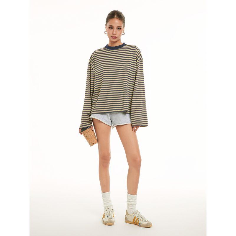 Discoglam Super Loose Long Sleeves Contrast Color Stripes T-shirt Oversized Lazy Old Money Style Fashionable Top