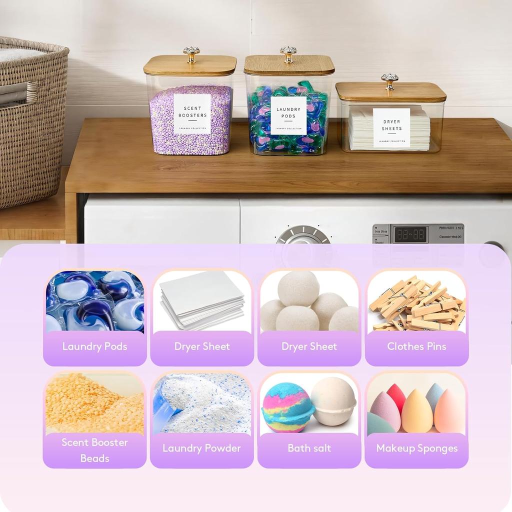 3 Pack Laundry Room Organization Storage Containers Acrylic Laundry Pod Containers and Dryer Sheet Holder with Lids and Labels for Laundry Detergent