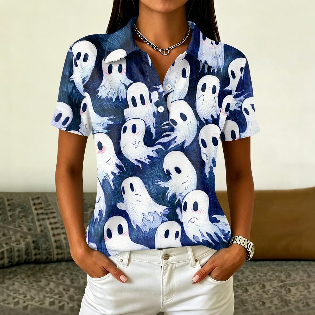 Women's Casual Button Down Short Sleeve Blouse with Halloween Print Lapel