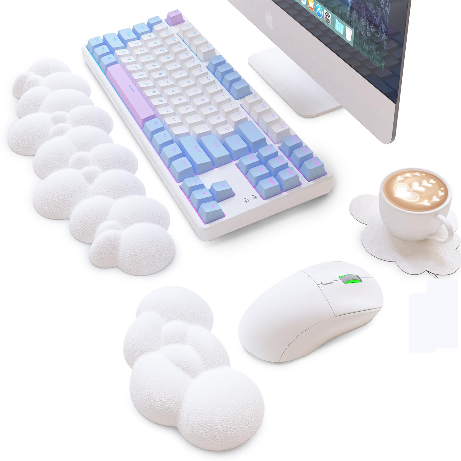 

Набор подставок для запястий 3 в 1 Мягкая и удобная подставка для запястья мыши с подстаканником Эргономичная подставка для запястий Подставка для запястий для стола TKL Механический размер Игровая клавиатура Белый коврик, белый