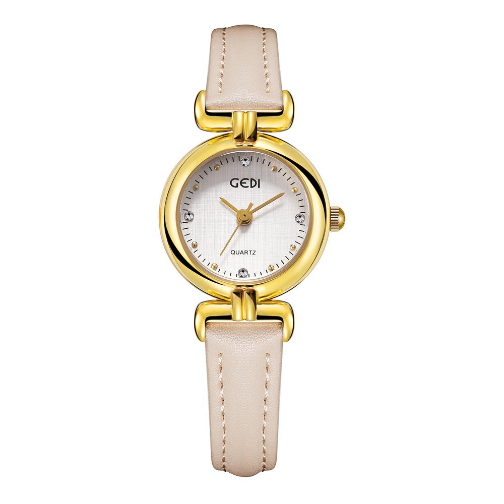 Gedi Retro-Style Women's Thin Quartz Watch with Cloth Pattern and Genuine Leather Strap
