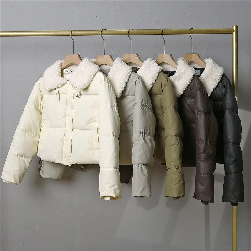Lamb Wool Leave-in Pu Leather Down Cotton Clothes Women's Short Winter Thickened Stand-up Collar Bread Clothes Small Fur Collar Jacket