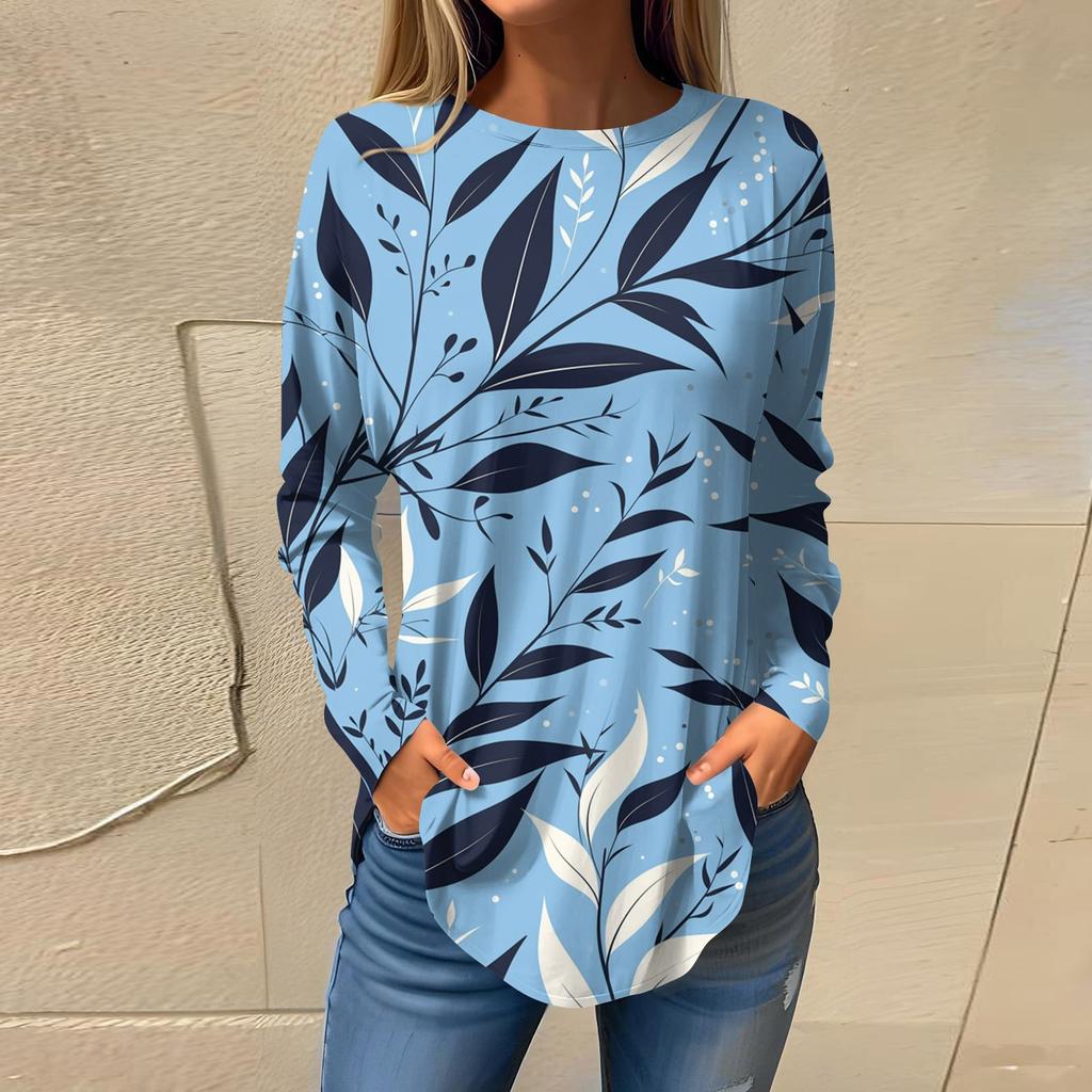 Women's  Loose Casual Flower Printed Round Neck Long Sleeved T Shirt Top Pullover Long Sleeved Sweatshirt