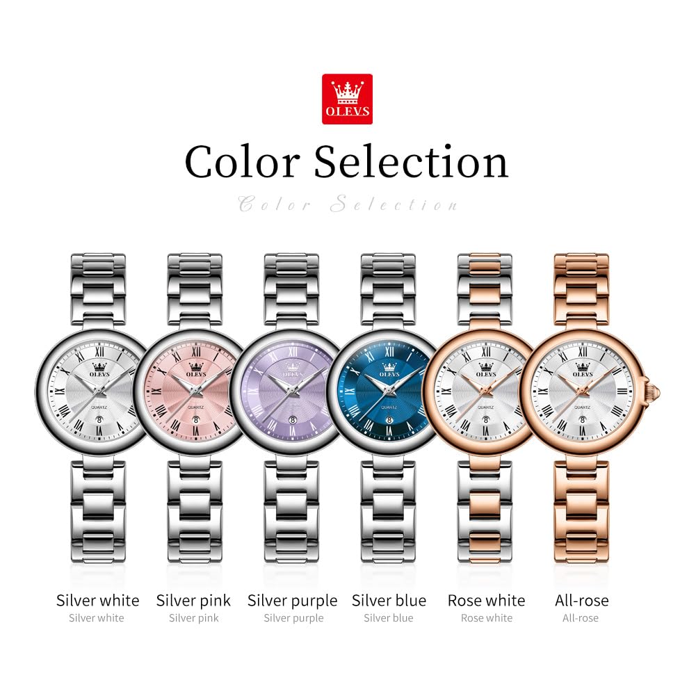 OLEVS Women's Quartz Watch, Cute, Lightweight, Stainless Steel, Waterproof, Luminous, Gift, Rose Gold & White