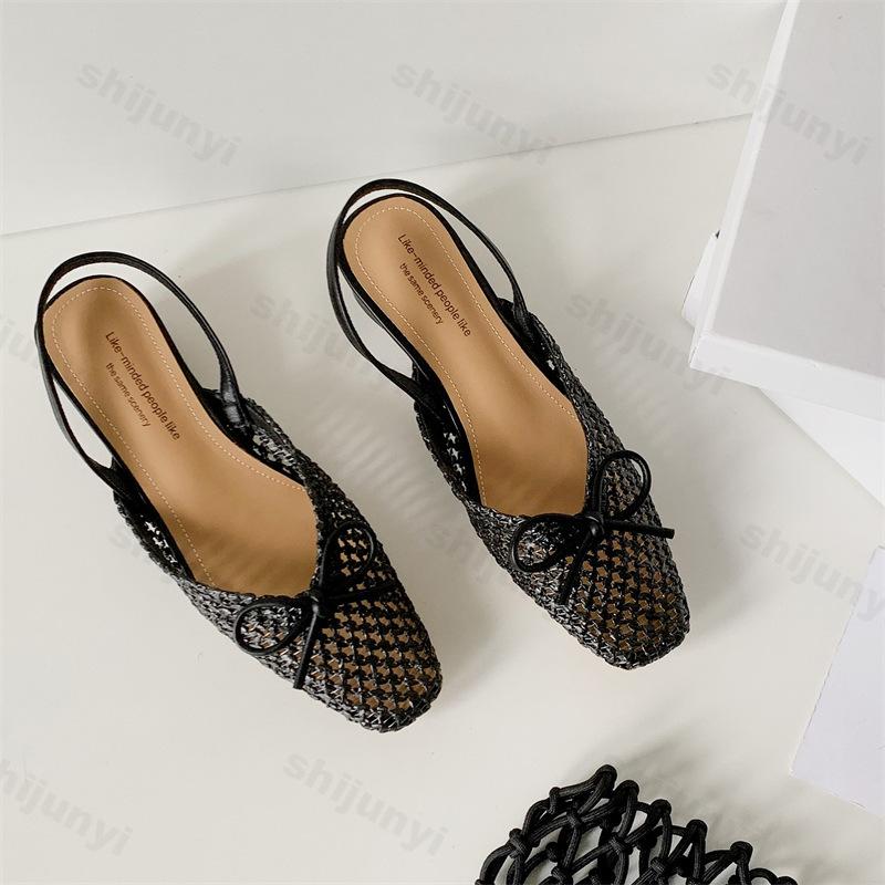 Fashion Woven Bow Back Strap Design Sandals Women's 2025 Summer New Square Head Shallow Mouth Single Shoe Comfortable Elegant Cool Pumps