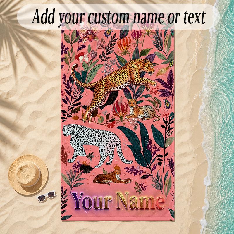 Leopard Theme Soft Beach Towel Personalized Custom Name Text Towel Portable for Beach Pool Travel
