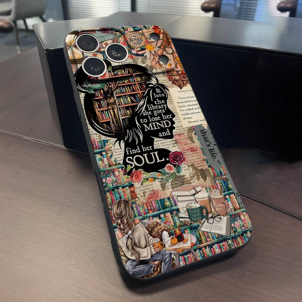 

Library Study Book illustration Phone Case For iPhone 17,16,15,14,13,12,11,Pro,Max,Plus,X,XS,SE4,E,Mini,Soft Black Case iPhone15