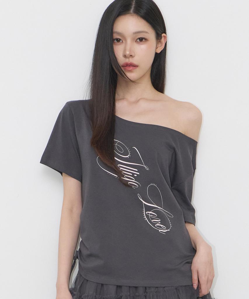 ILLIGO Ribbon String Off-Shoulder T-Shirt Charcoal