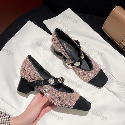 Moda Damska Nowy Design Brokatowe Buty Mary Jane Zapinane na Klamrę Czółenka Eleganckie Płytkie Puste Gruby Obcas Buty Codzienne Buty Skórzane na Imprezę dla Pań