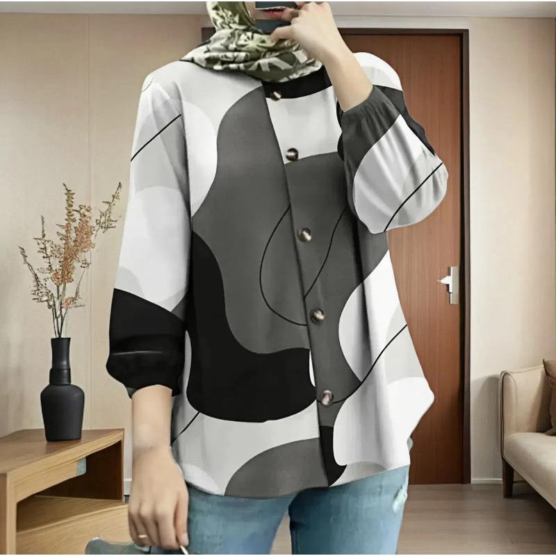 YYFS Dámská móda Ležérní Jaro Podzim Barevný blokový potisk Dlouhý rukáv Kulatý výstřih Halenky a košile