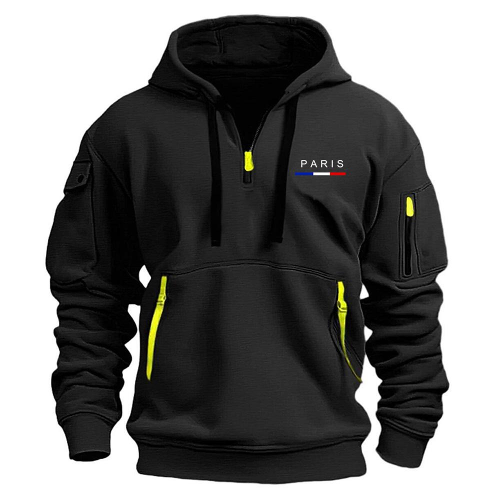 2025 Autumn/Winter New Men's Paris Letter Printing Casual Multi Zipper Arm Pocket Hoodie Pullover Large Hoodie Outdoor Sport Hoodie