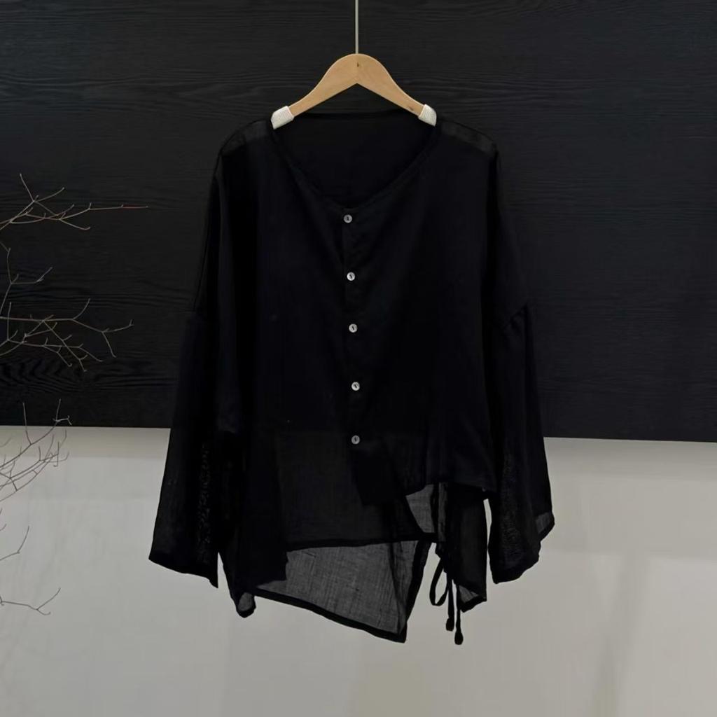 1116 summer new women's round neck Japanese ramie top shirt loose shirt top cardigan literary style ins