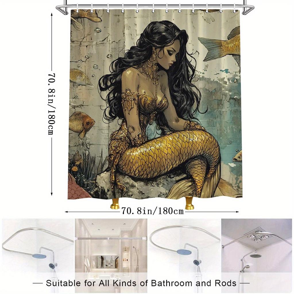 Fantasy Mermaid Polyester Shower Curtain,Water-Resistant Woven Fabric with Golden Fish and Bubbles,Distressed Wall Art Design