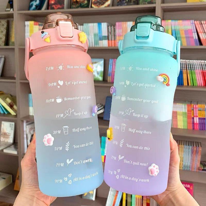 2L Large-capacity Water Bottle With Bounce Lid Timeline Reminder Leak-proof Frosted Cup For Outdoor Sports And Fitness
