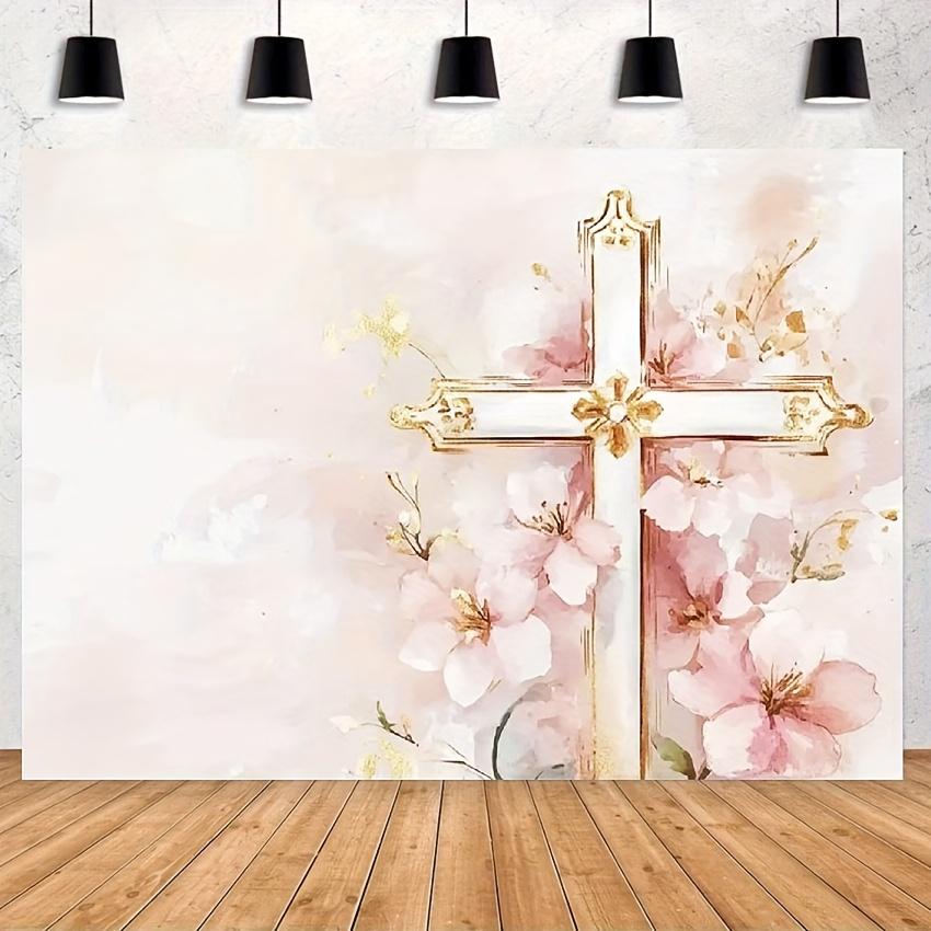 Pink Floral Baptism and the First Communion Background Banner - Decorated with a Golden Cross Design