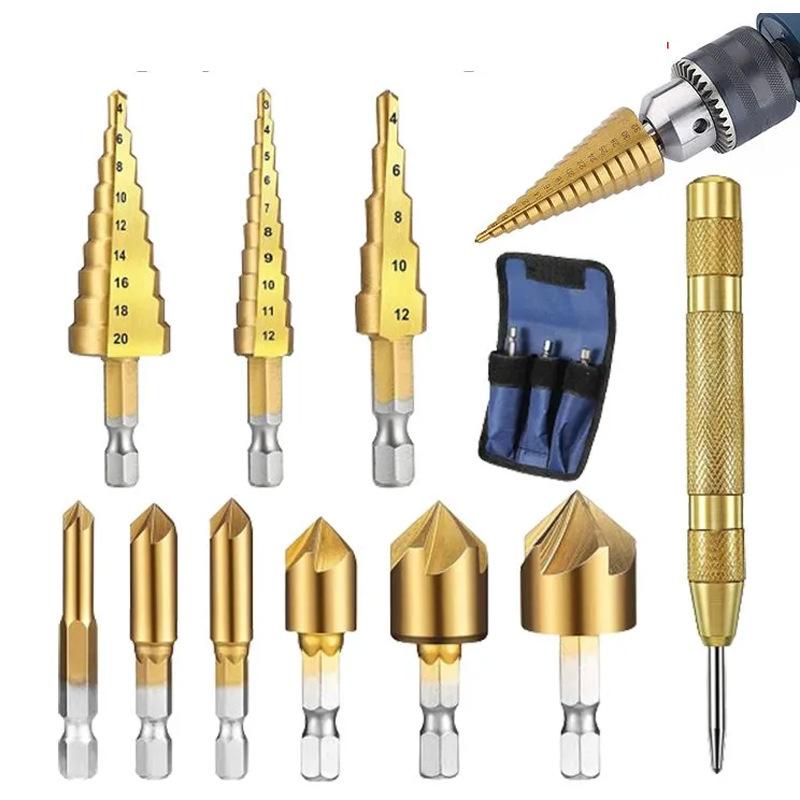 26-Piece Woodworking Drill Bit Set Pyramid Drill Bits Center Punch Three-Point Countersunk Drill Pentagonal Chamfer PlugDrill