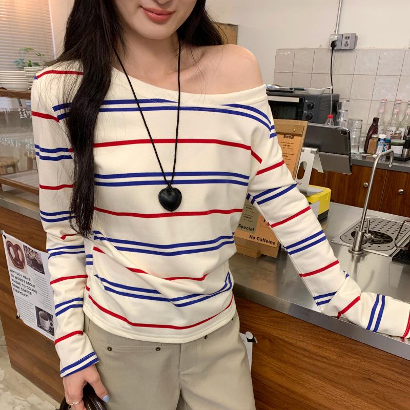 Brand New 2026 Striped One-Shoulder Long-Sleeve T-Shirt - High-End Fall Style, Versatile for Layering or Off-the-Shoulder Wear Small абрикосовый