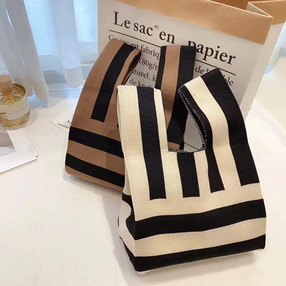 Women Girls Reusable Knit Handbag Heart Flower Wrist Bag Handmade Knot Tote Bag Shopping Bags Outdoor Casual Accessories