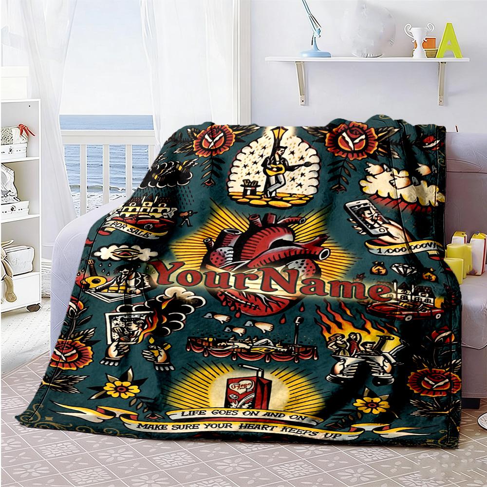 Tattoo Style Personalized Name Blanket Gift Customizable Blanket Comfortable Perfect for Living Room Office Chair Bedding Nap Four Seasons Universal