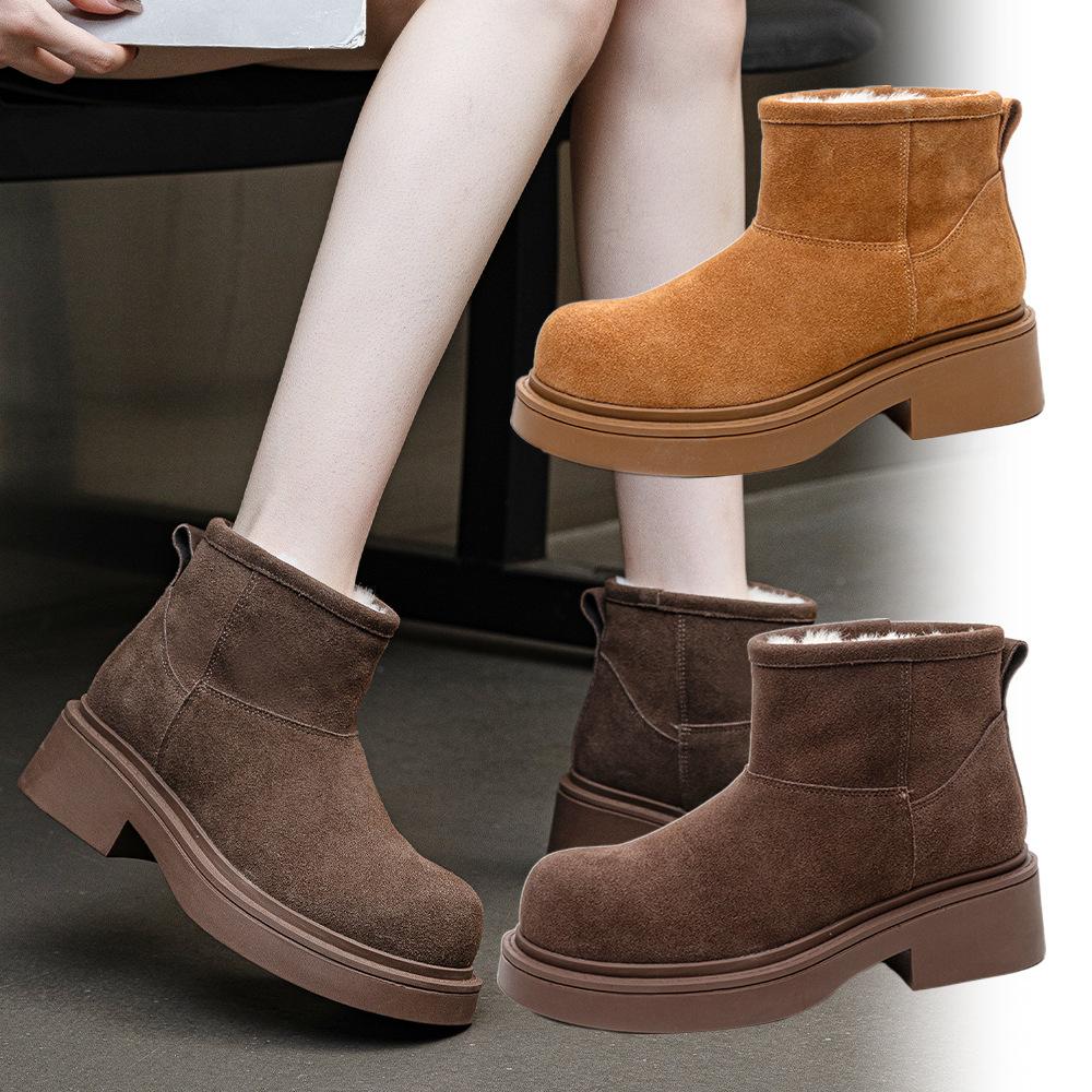 Cowhide snow boots women's thick-soled non-slip waterproof short boots winter fur integrated warm wool cotton shoes muffin height increase