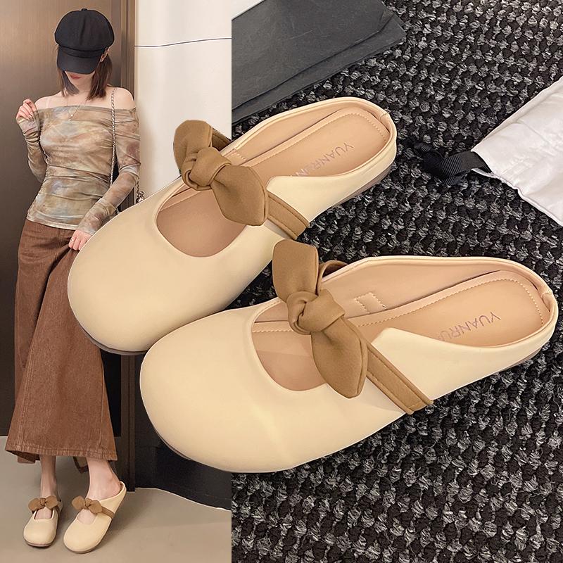 Modische Slipper mit weicher Sohle und Oberteil für Damen zum Tragen als Oberbekleidung im Sommer 2025, Neue französische Schleife, Ein-Fuß, Flach, Koreanischer Stil