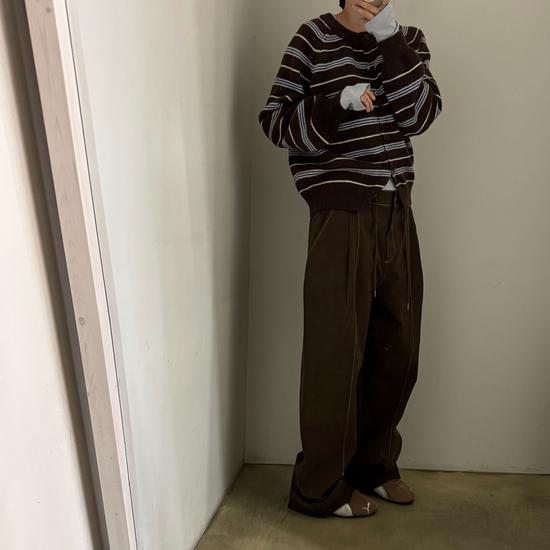 L-Stitch PTL Waist String Wide Side Slit Volume Pants 2 Colors