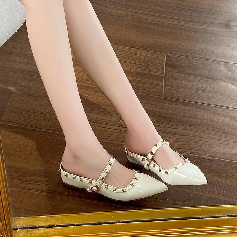 Rivet Tip Mary Jane Cool Half Drag Women's Outer Wear 2025 Spring and Summer New European and American One-word Belt Flat Bottom Half Slippers
