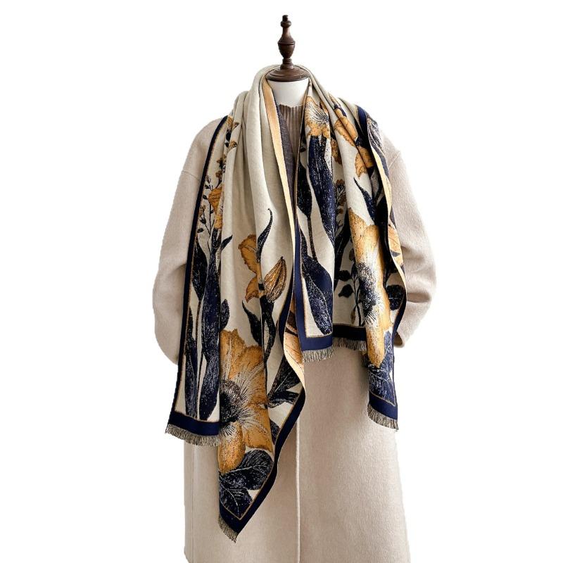 Autumn and winter new flower imitation cashmere scarf women's versatile velvet thickened warm scarf high-end elegant shawl
