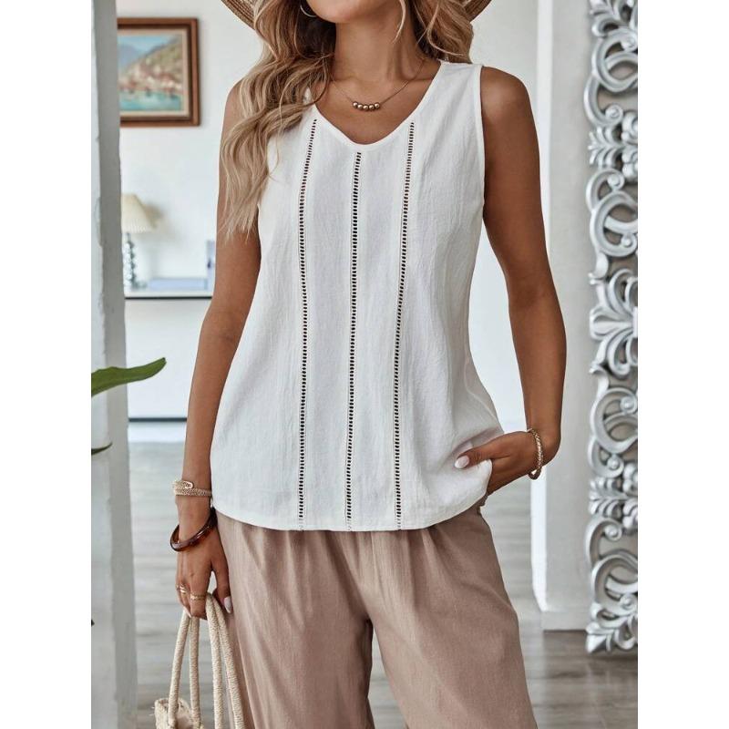 Весенне-летние ажурные хлопково-льняные повседневные однотонные женские жилеты без рукавов S белый