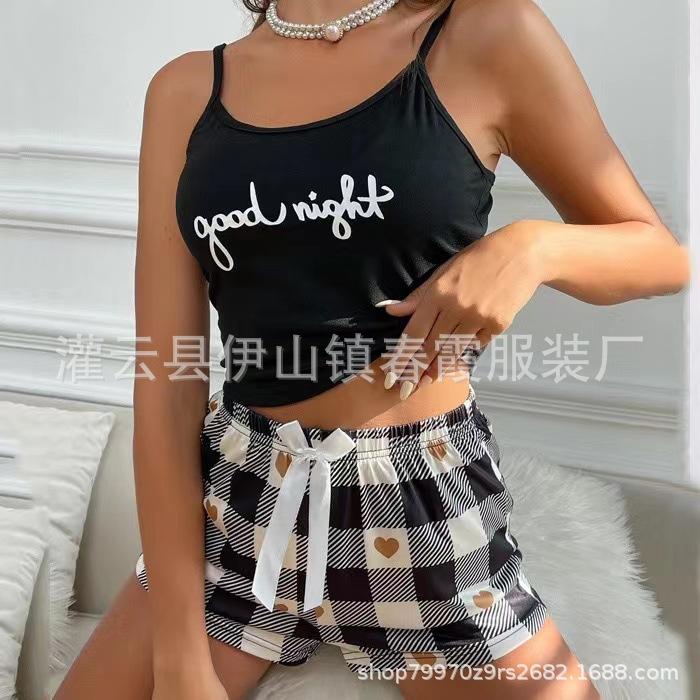 Popular two-piece set of sexy suspenders English printed vest plaid shorts loungewear women S чёрный