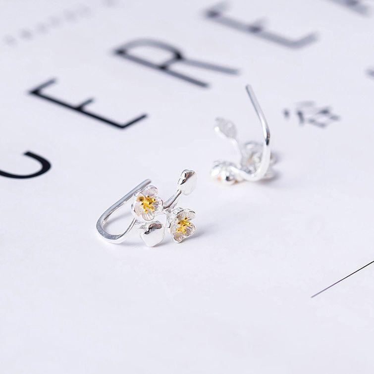 Elegant Plum Blossom Silver Ear Cuffs: Japanese-Korean Artistic Stud Earrings for Women