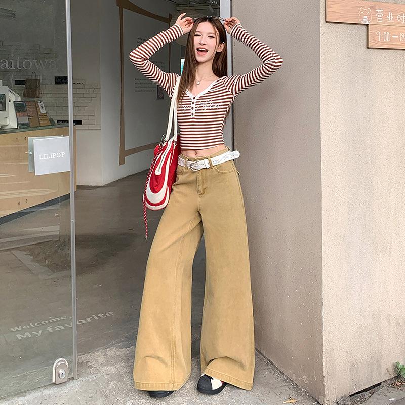 New wash American tube pull high waist casual pants women's spring versatile wide leg flared jeans cotton