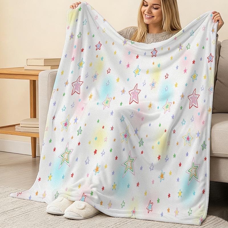 Soft Fleece Blanket, Multi-color Star Pattern, Breathable Lightweight All Seasons Throw, Warm Cozy for Home Office, Halloween & Christmas