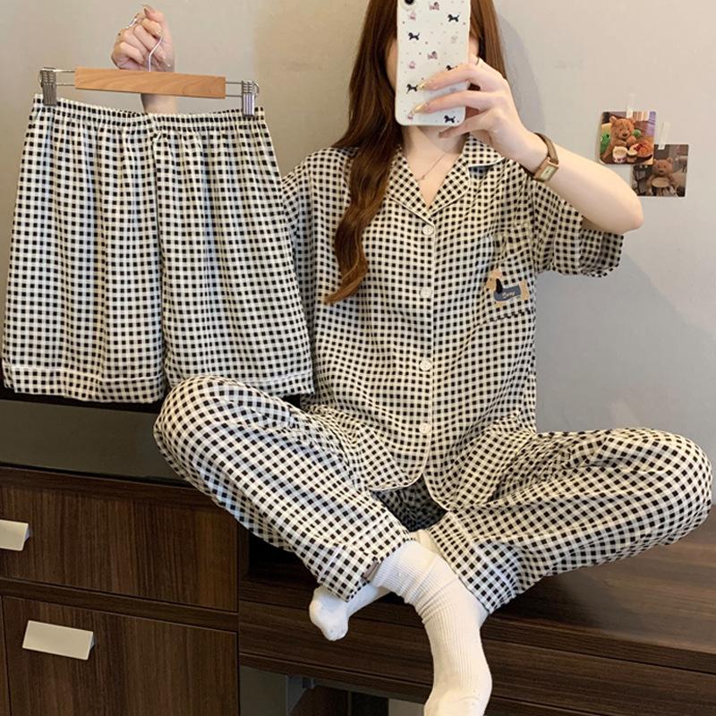 

Simple Dachshund Dog Plaid High-Value Cloud Cotton Pajamas Women S Summer Short-Sleeved Three-Piece Set Loungewear 2XL