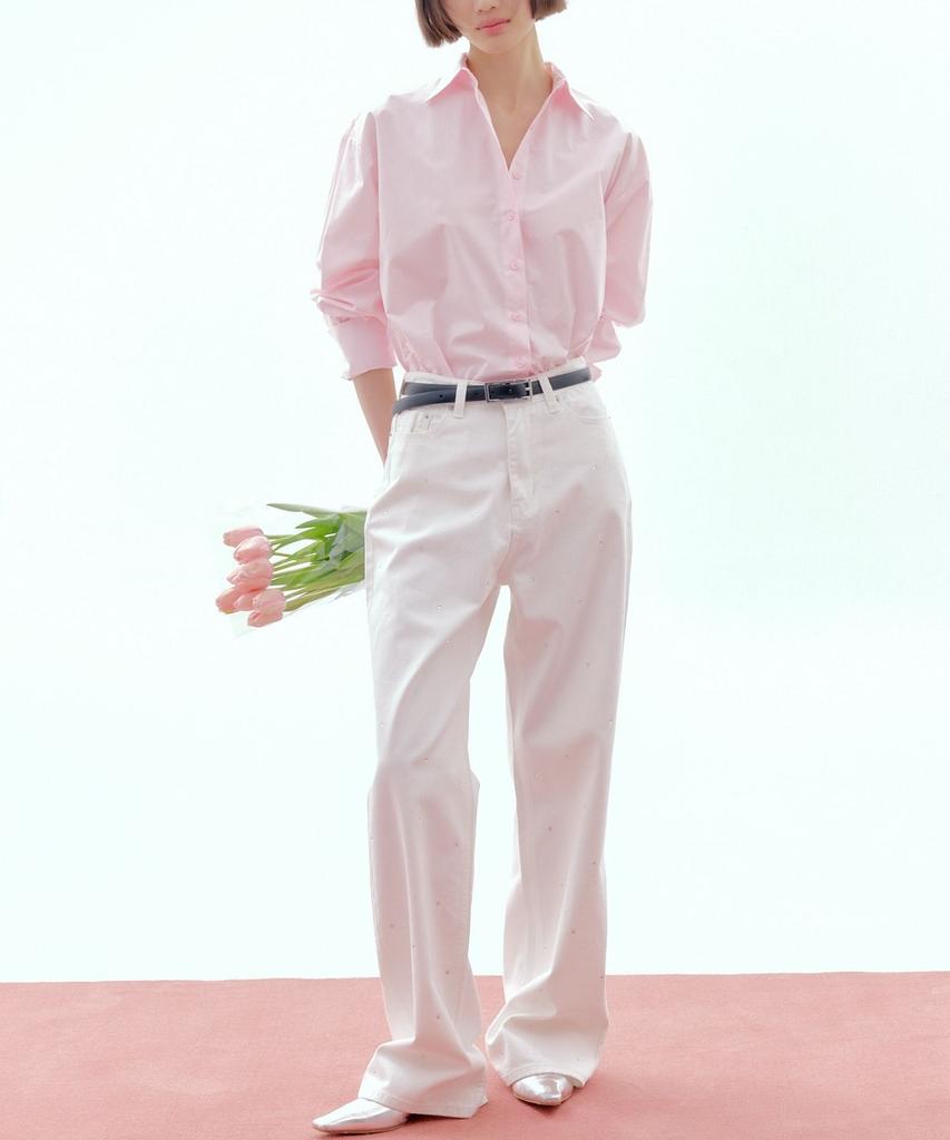 Okuka Shiny Wide Denim Pants - White