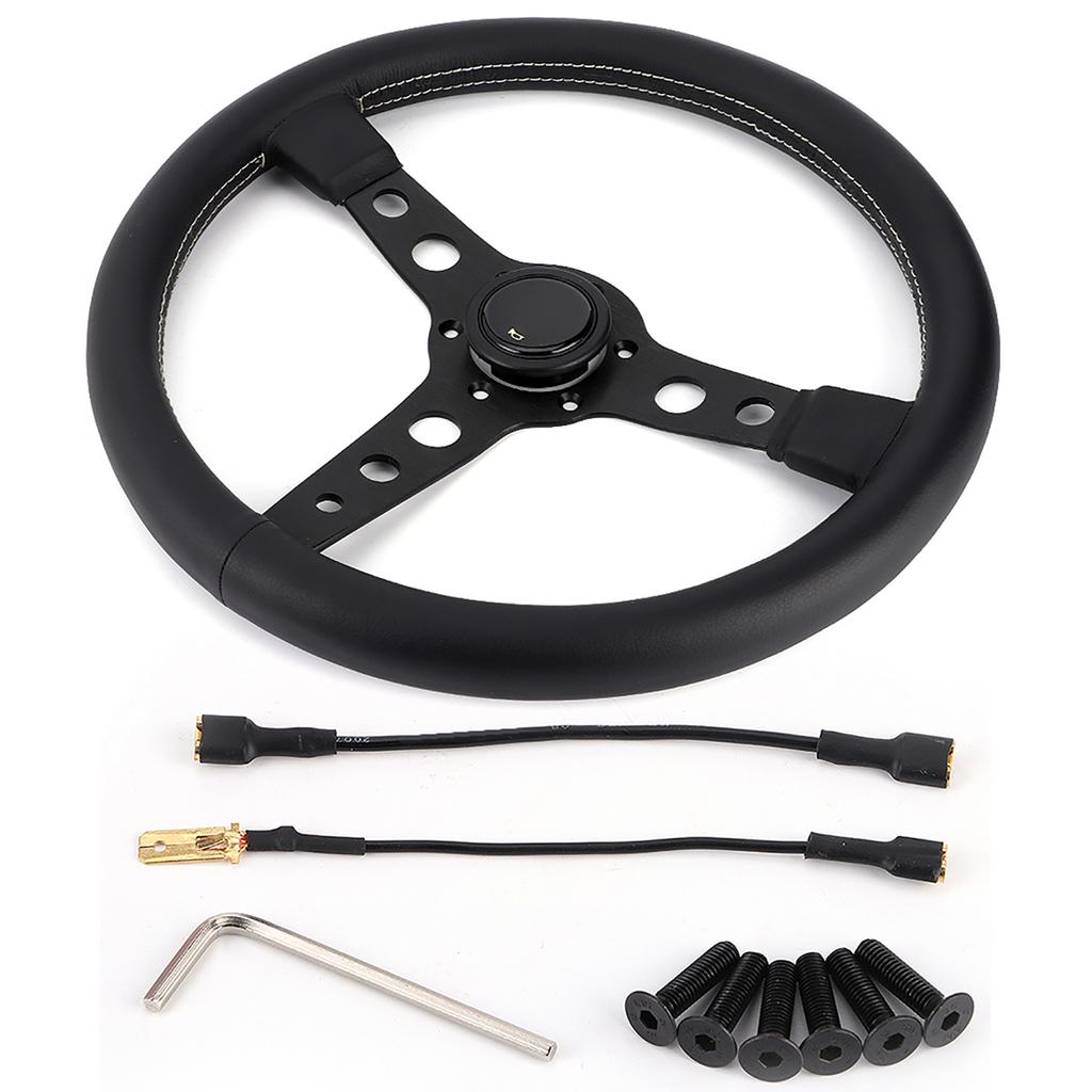 350mm 14in for MOMO Prototipo Style 6‑Bolt Black Leather Racing Steering Wheel Gray Stitching with Horn Button