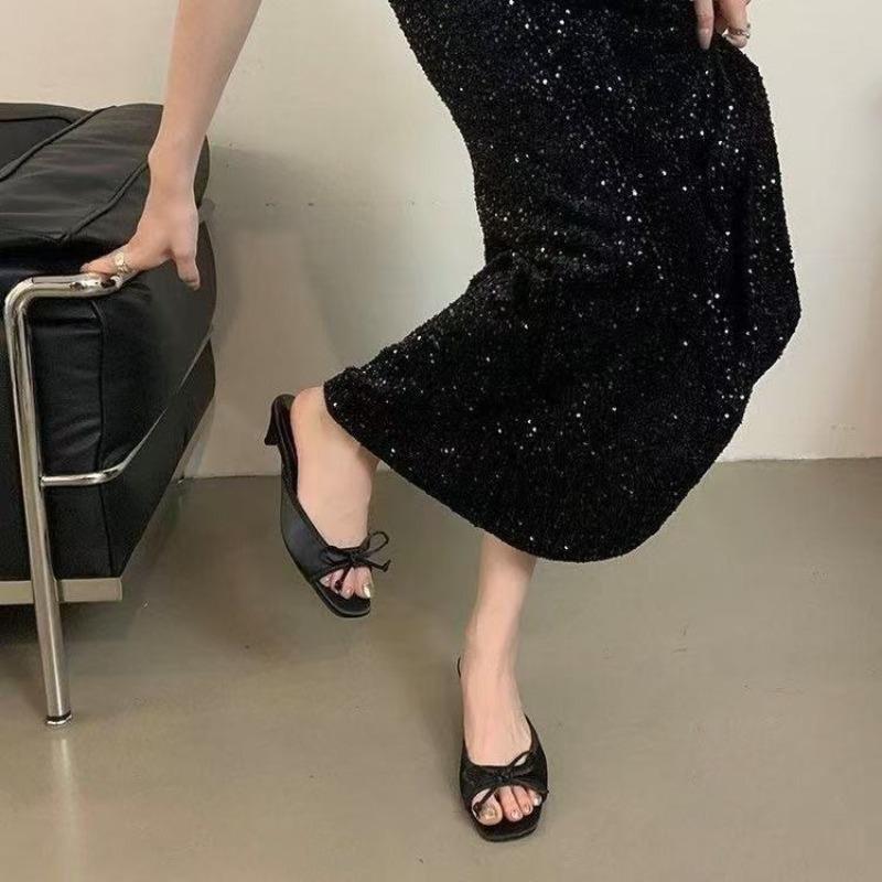 French Style High Heel Sandals 2025 New Summer Korean Version Thick Heel Slip-On Shoes Butterfly Knot Fairy Shoes Women Slides