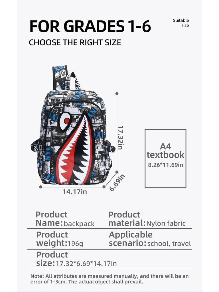 Shark Design Lightweight Oxford School Backpack for Boys