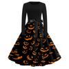 Women's Casual Halloween Print Long Sleeve Round Neck Vintage Style Dress with Waist Tie Belt Comfortable Fit